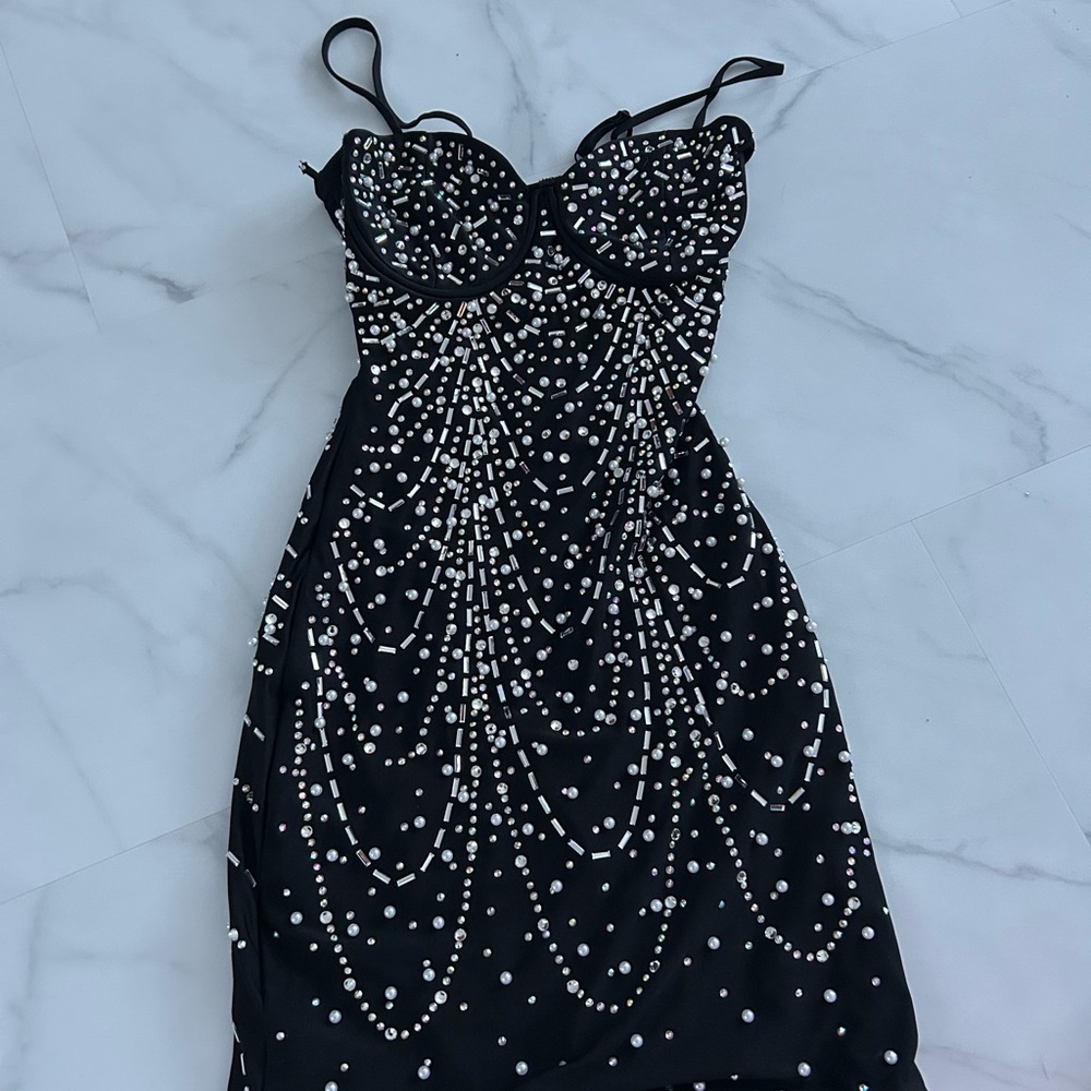 Windsor Black and White Beaded Mini Dress